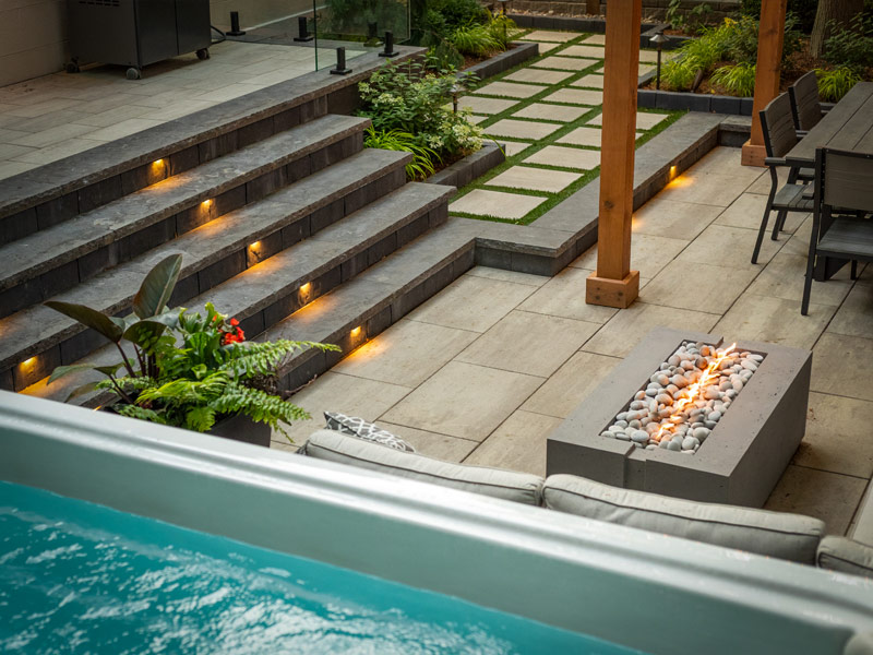 Completed backyard transformation with patio and pool